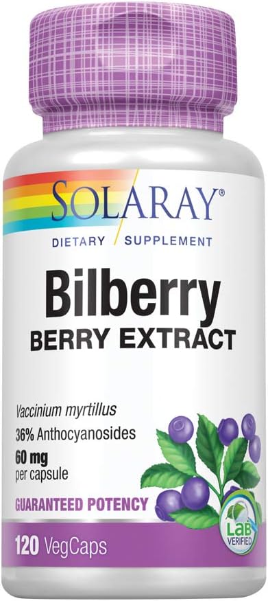 Solaray Bilberry Berry Extract | 60 mg Per Capsule, Powerful Antioxidant, Guaranteed Potency | for Healthy Vision & Circulation Support | 120 VegCaps
