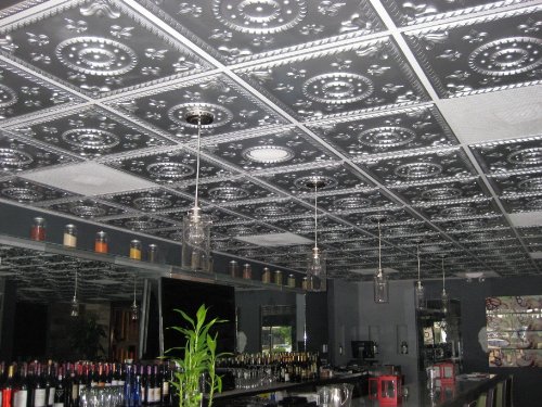 ceiling tiles #27 Tin Silver PVC 2x2 Grid Suspended and Glue up Fire Rated.
