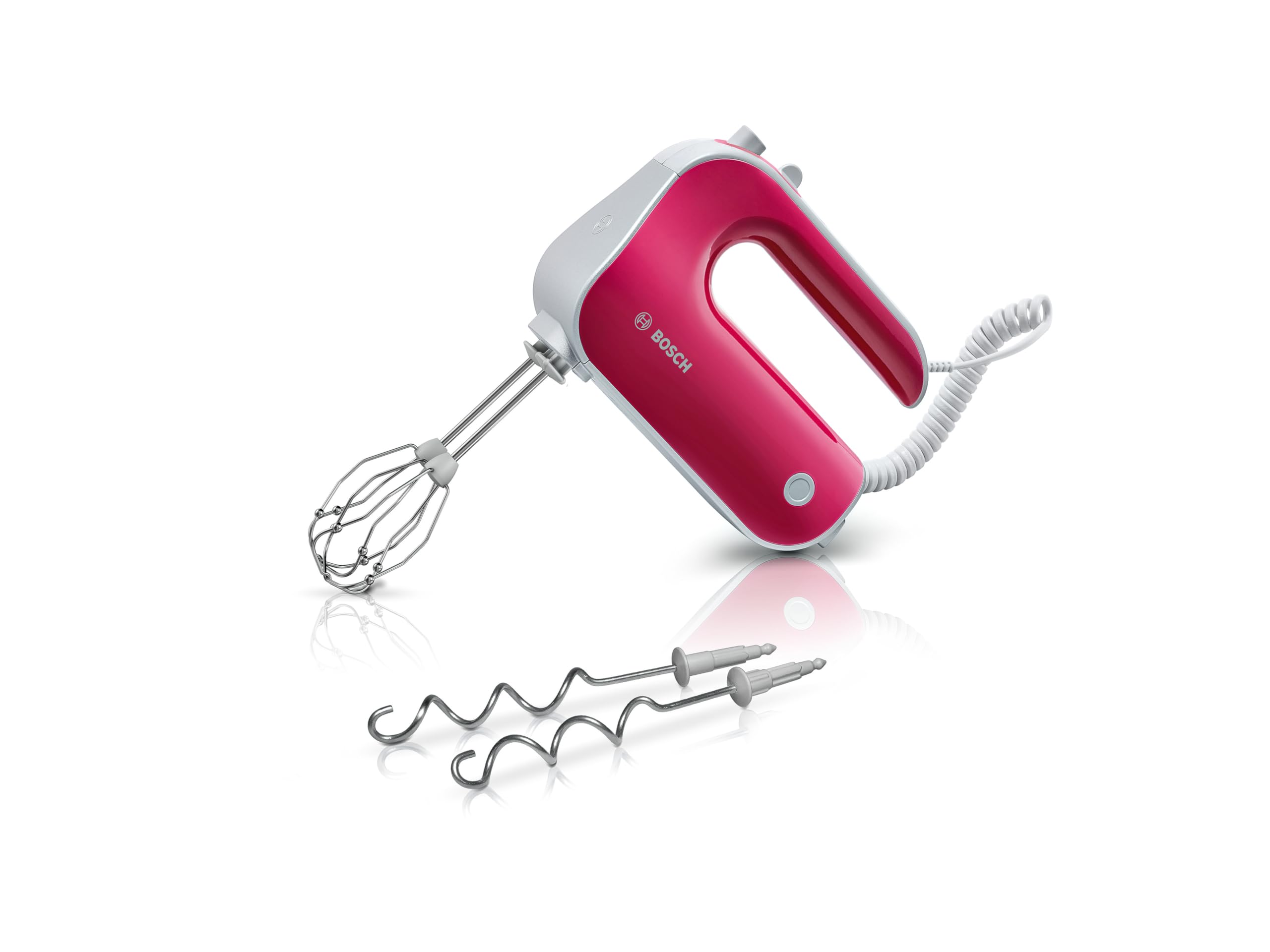 Bosch Handrührgerät, 2 Rührbesen, 2 Edelstahl-Knethaken, spülmaschinenfest, 5 Stufen plus Turbostufe, leicht, 500 W, farbig, himbeerrot/silber, MFQ40304