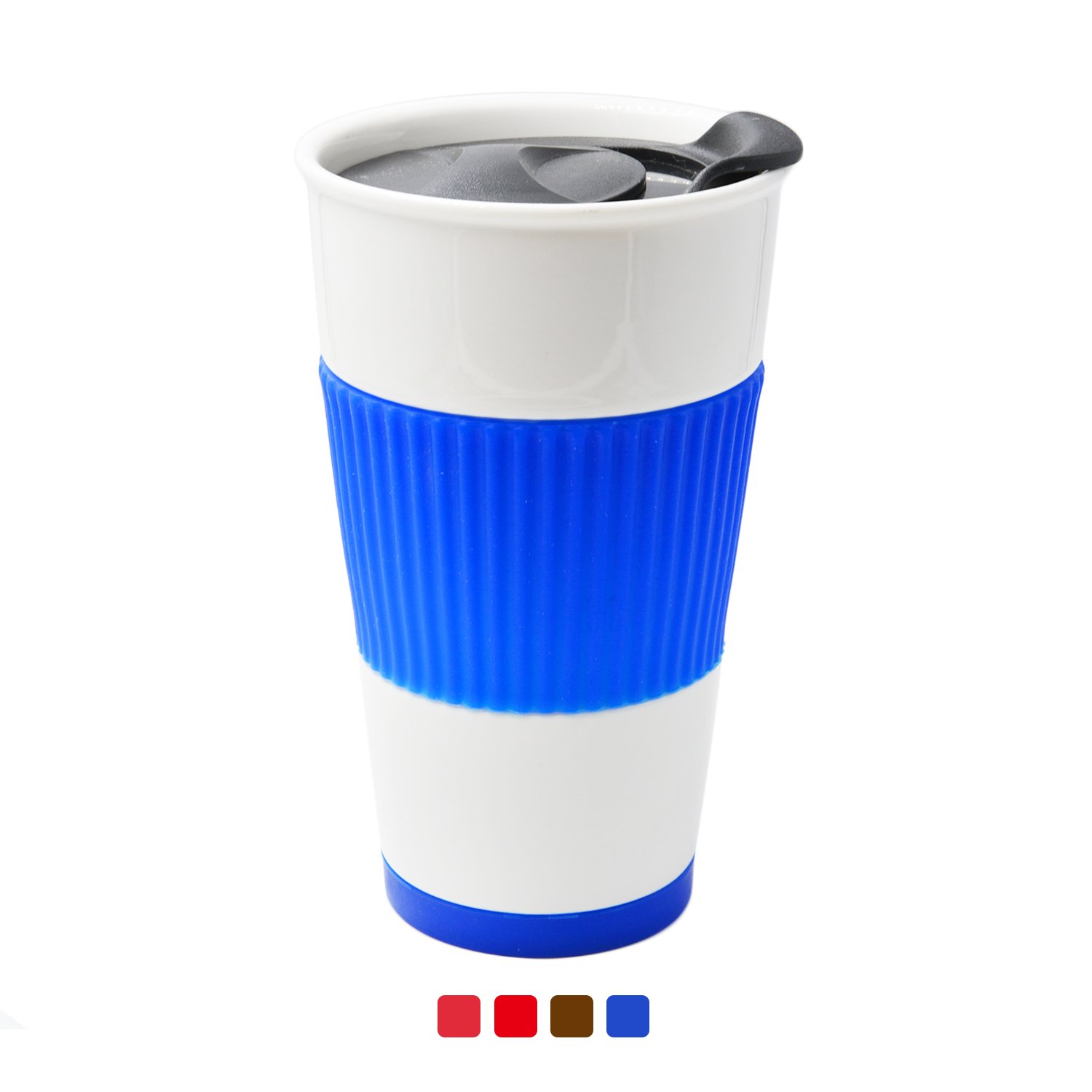 UDMG Ceramic Double Wall Insulated Travel Coffee Cup with Slider Lid, Silicone Sleeve & Built-In Coaster, 10 fl.oz (Blue)
