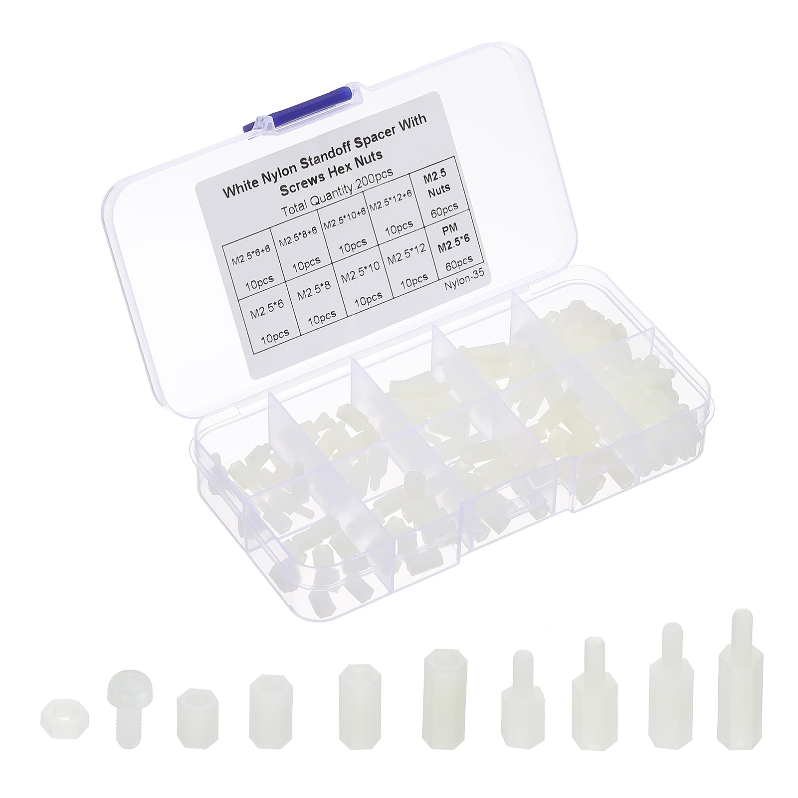 PATIKIL M2.5 Male Female Nylon Hex Spacer Standoff Kit, 200Pcs Motherboard Standoffs Assortment Kit, Electrical Outlet Spacers, Screws Nuts for PCB Motherboard, Circuit Board, White