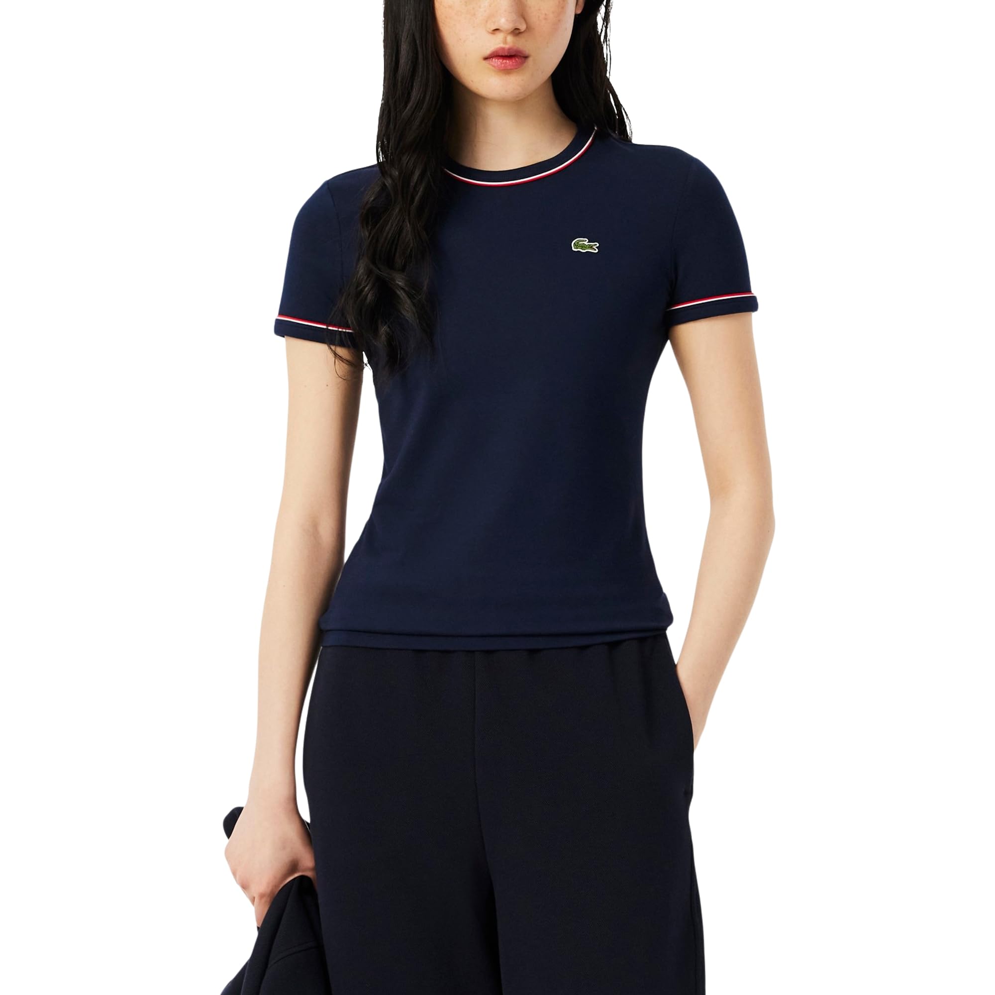 Lacoste Women’s Semi Fancy Heritage Short Sleeve T-Shirt, Navy Blue/Red/White, 12