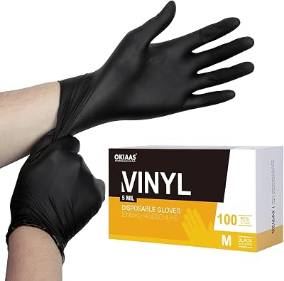 OKIAAS Black Vinyl Gloves Medium 5 mil Latex Free 100 Count