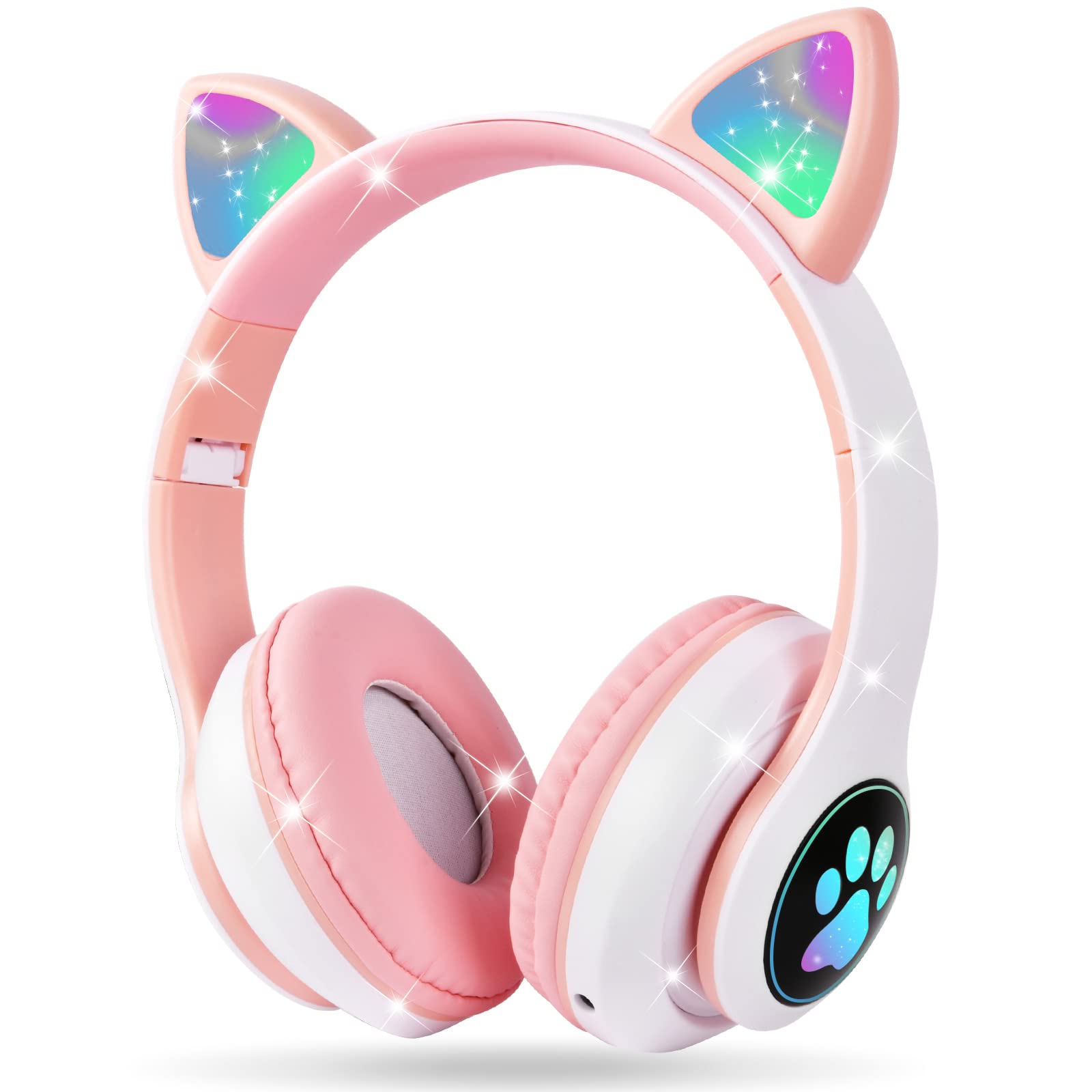 AXFEE Bluetooth Kids Headphones, LED Light Up Cat Ear Wired/Wireless Headphone, HD Stereo Sound, 10H Playtime, Foldable Children Headphone for PC Phone Ipad Study Travel School, 105dB Volume Limited