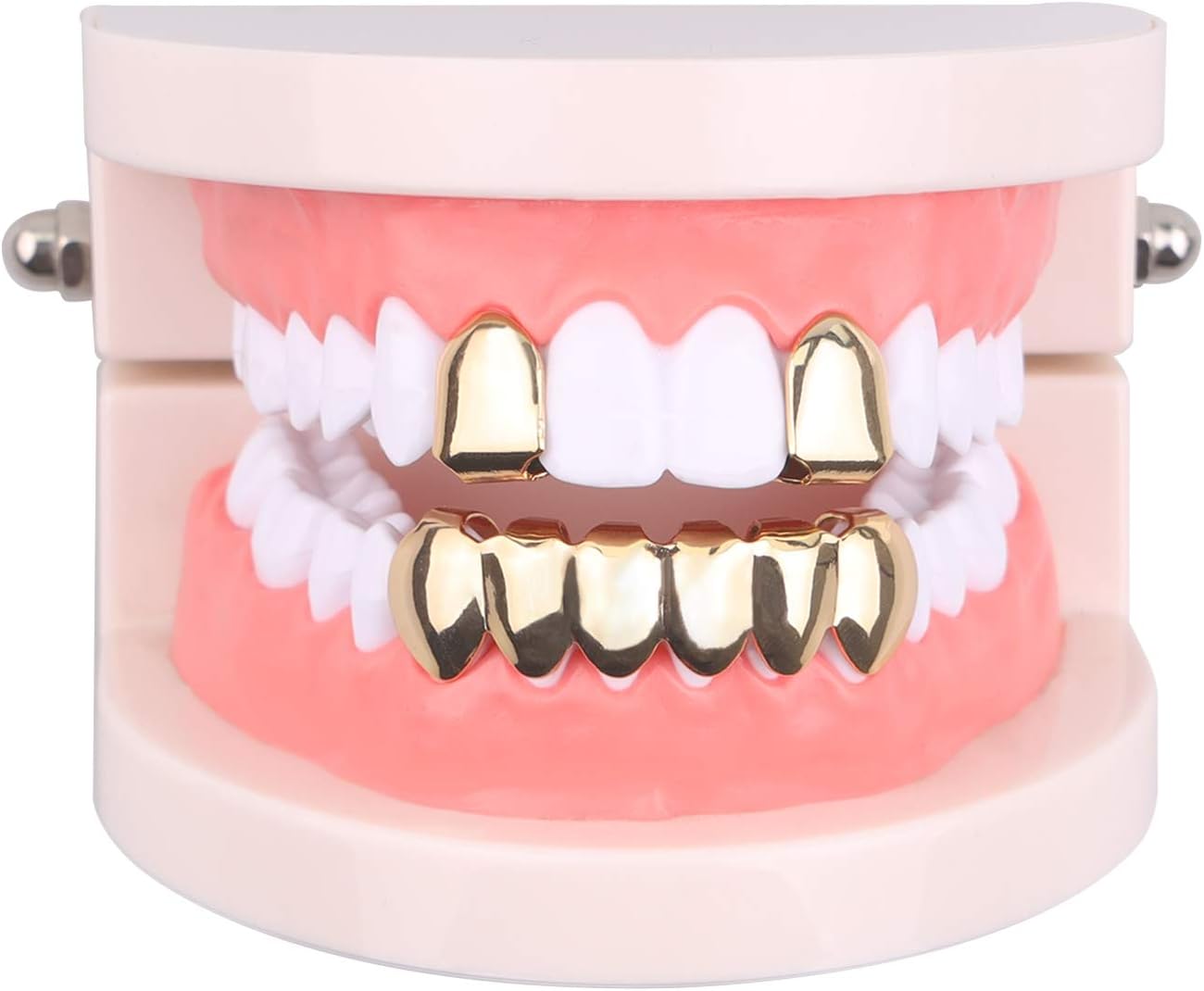 TSANLY Gold Grillz Mouth Teeth 24K Plated Gold Custom Fit Top & Bottom Set Caps Grillz for Women Gift + Extra Molding Bars + Microfiber Cloth
