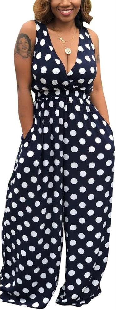 LKOUSWomen Summer Elegant Spaghetti Strap Sleeveless Polka Dot Print One-piece Loose Wide Leg Pants Jumpsuits Romper