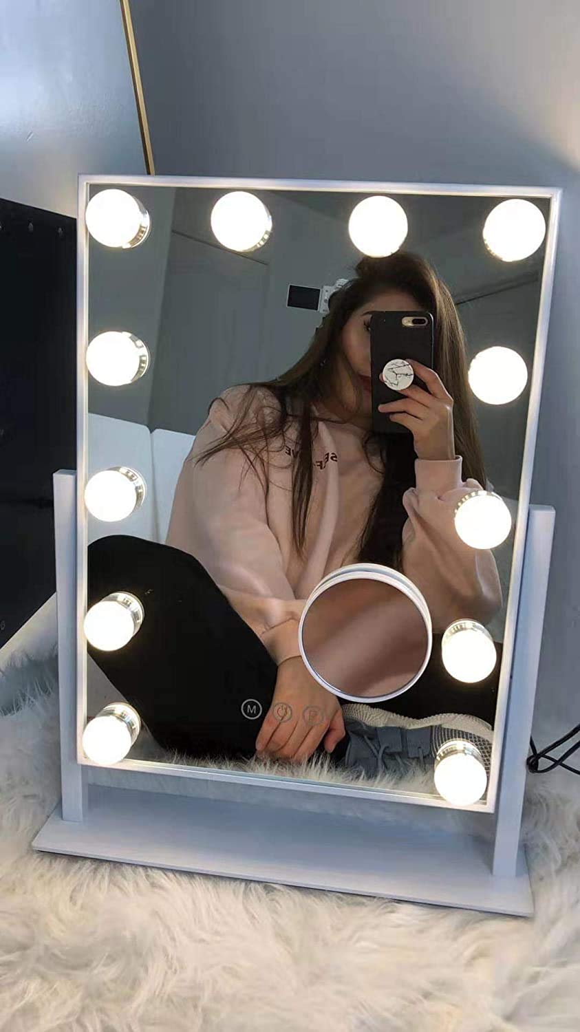 Hansong Large Hollywood Makeup Vanity Mirror with Lights, Plug in Light-up Professional Mirror with Storage, Removable 10x Magnification, 3 Color Lighting Modes, Cosmetic Mirror with 12 Dimmable Bulbs : Beauty