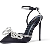 Elisabet Tang Women's High Heel Pumps,Satin Rhinestone Bowknot Lace Up Sandals Pointed Toe Ankle Buckle Straps Pump Stiletto Sandals