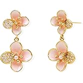 Jean Beau Flower Leaf Pearl Stud Earrings for Women, Statement Cluster CZ Earring Gold Plated Sterling Silver Wedding Prom Fashion Jewelry Accessories Gift