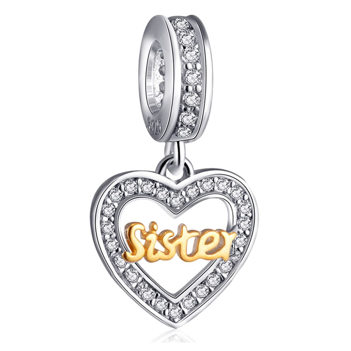 Sister Heart Pendant Charms, Fit Pandora Charm Bracelet/Necklace, 925 Sterling Silver Dangle 2 Tone Gold Plated CZ Beads, Gift for Big/Lil Sis Birthday/Christmas/Daughter