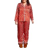 Morlaeley Women Polka Dot Satin Pajamas Set Long Sleeve Silk 2 Piece Button Down Shirt Pants Lounge Pj Set Sleepwear
