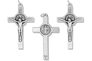 CARITAS ET FIDES Pack of 3 - St Benedict Crucifix Extra Large Cross for Rosary Making - 2 1/8 Inch Silver Oxidized Crucifix, Rosary Making Supplies, Made in Italy