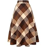 Long Plaid Wool Skirt for Womens Winter Fall Warm High Elastic Waist A line Flared Pleated Wool Tartan Skirts