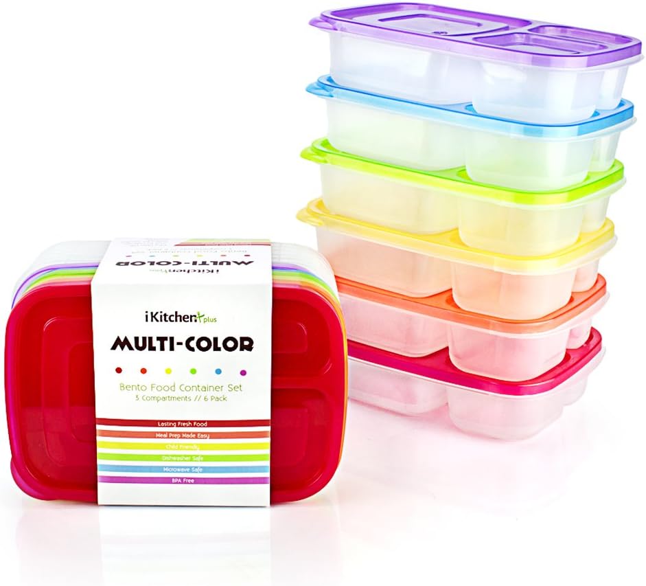 iKitchenPlus 6-Pack Bento Food Container Set with 3 Compartments