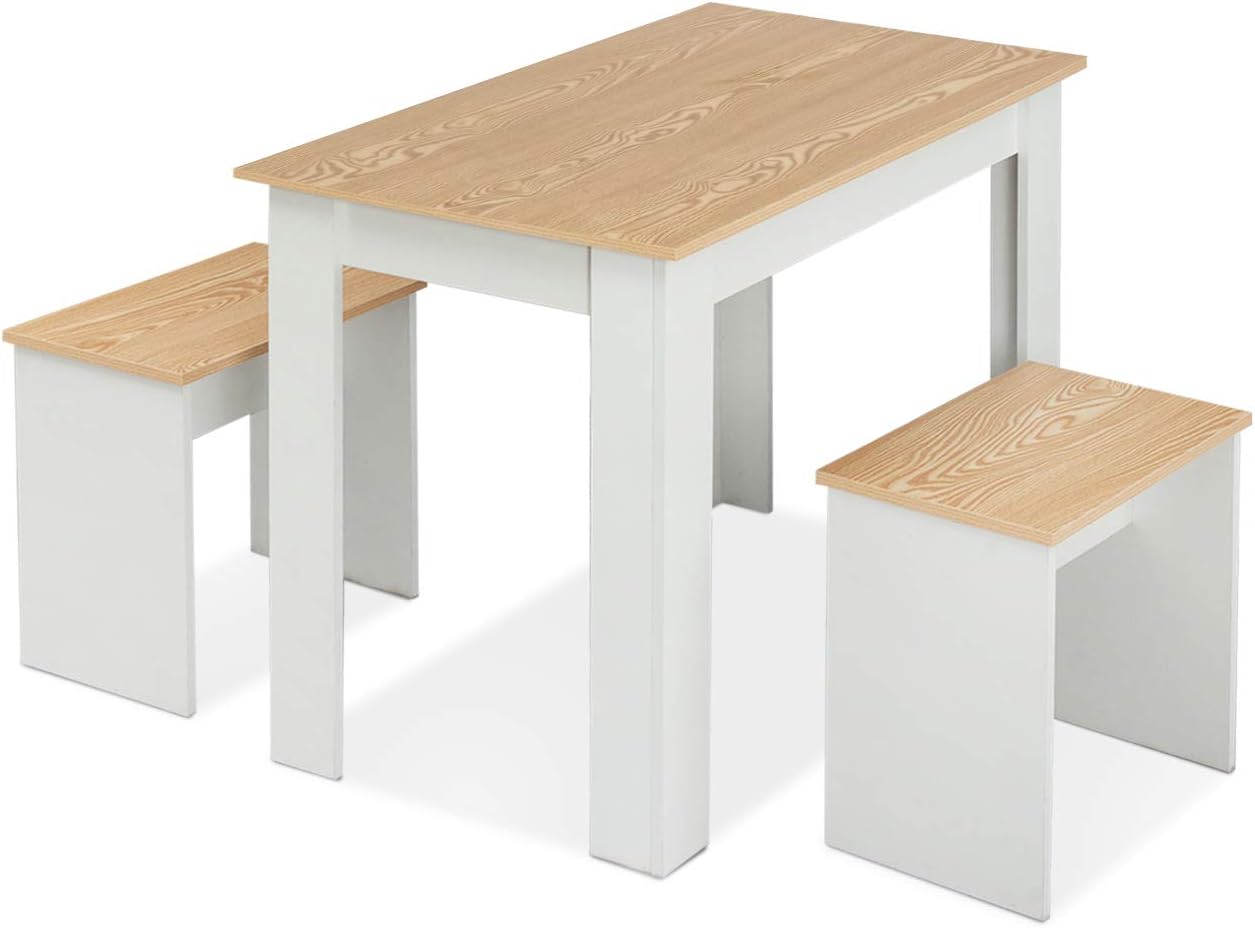 Mondeer Small Dining Table Set Wooden With 2 Benches Seat For 2 Space Saving For Kitchen Dining Room 100 X 60 X 75cm Wood White Amazon Co Uk Kitchen Home