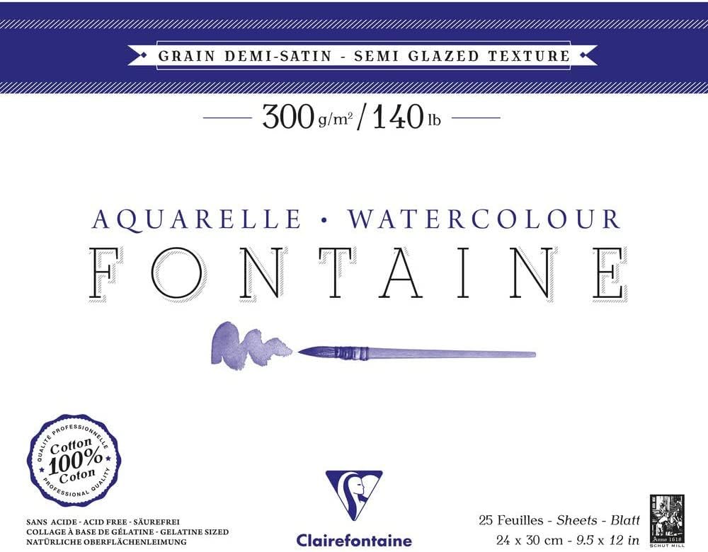 Clairefontaine - Ref 96406C - Fontaine Semi Hot Pressed Watercolour Glued Pad (25 Sheets) - 24 x 30cm Size, 300gsm Paper - Suitable for Watercolour Artwork