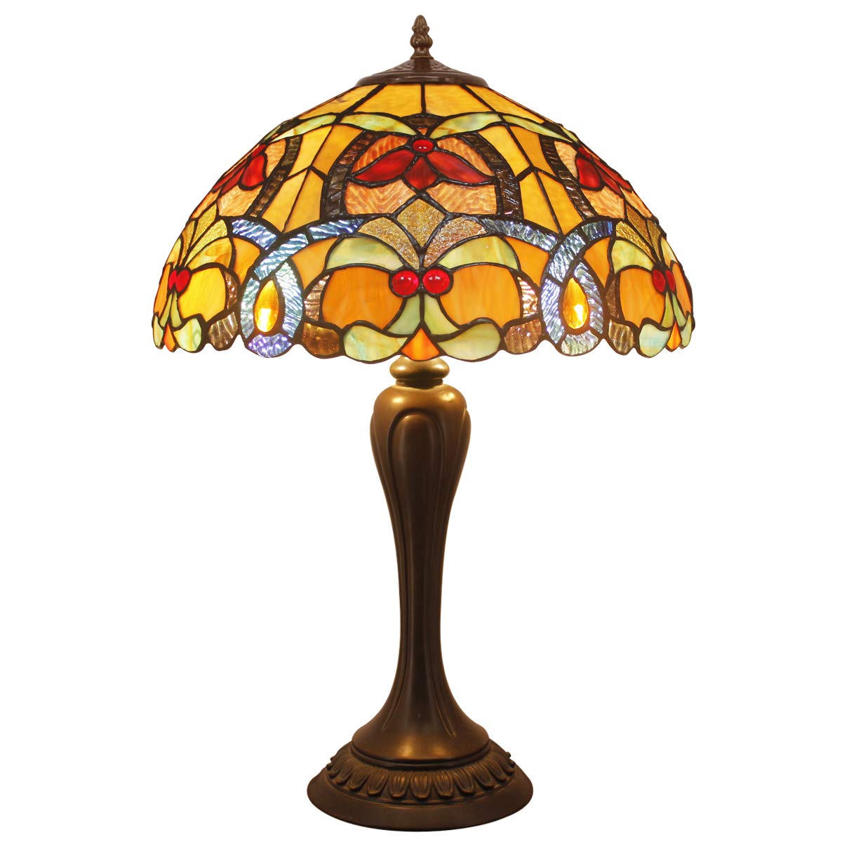 WERFACTORY Tiffany Lamp Orange Stained Glass Bedside Table Lamp Style Desk Reading Light Metal Base 16X16X24 Inches Decor Bedroom Living Room Home Office S617 Series