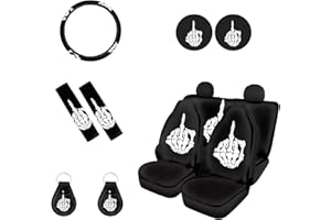 Biyejit Skeleton Shows Middle Finger Print Car Seat Covers and Steering Wheel Cover Full Set with Seat Belt Cover+Keychains+Automotive Cup Holders Universal Fit Car SUV Truck Sedan