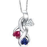 Gem Stone King 1.52 Cttw White Moissanite Red Created Ruby and Blue Created Sapphire 3-Stone Pendant For Women | 925 Sterling Silver | Heart Shape 5MM | With 18 Inch Silver Chain