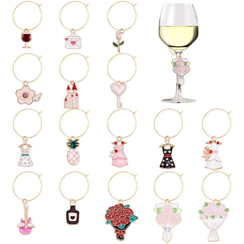 BENECREAT 16Pcs Wedding Theme Wine Glass Charms, Rose Flower Dress Heart Key Drink Markers Tags Identification for Wedding Party Wine Tasting Party Stem Glass Decoration