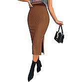 Zeagoo Womens Knit Midi Skirts Casual Pencil Skirt High Waisted Long Skirt with Slit Elegant Work Office Skirts