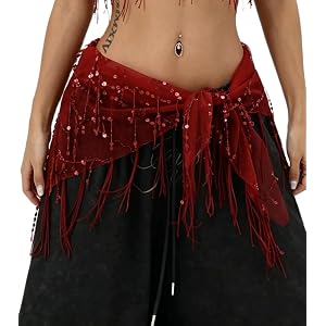 Cbsdezanos Women Sheer Waist Scarf Belt Sequin Tassel Wrap Mini Skirt Y2K Asymmetrical Sparkly Triangle Flowy Hip Scarf