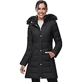 SLOW DOWN Women Winter Down Puffer Coat Warm Hooded Mid-Length Down Jacket for Women with Faux Fur Trim Hood and Pile Collar