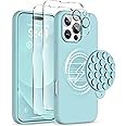 COFFKER Magnetic for iPhone 16 Pro Max Case, Compatible with Magsafe, Suction Cup Phone Mount, [2 Screen Protectors][Camera Protector] Silicone Shockproof Protective Phone Cover 6.9", Light Cyan