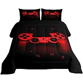 Boys Gamer Comforter Set Queen Size,Gamepad Bedding Set Kids Young Man Video Games Down Comforter for Teen Child Game Room Decor Black Red Classic Retro Gaming Quilted Duvet Set with Pillowcase