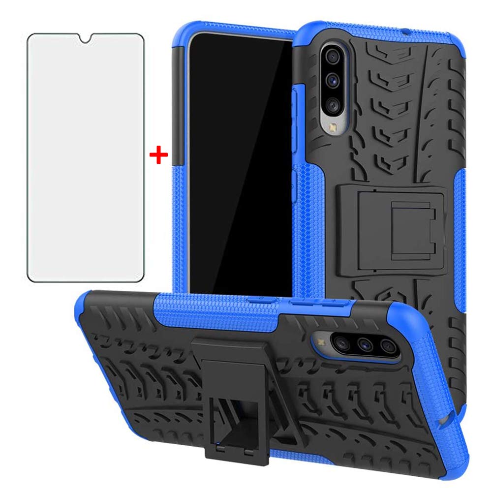 Phone Case for Samsung Galaxy A70/A70s with Tempered Glass Screen Protector Cover and Stand Kickstand Hard Rugged Hybrid Accessories Heavy Duty Rubber SM-a705fn/ds 70A A 70 Samsunga70 Cases Girls Blue