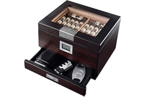 MANTELLO CIGARS Mantello Handmade Cigar Humidor,Desktop Cigar Box with Humidifier Holds Up to 50 Cigars, Glass Top Cedar Wood with Hygrometer & Divider