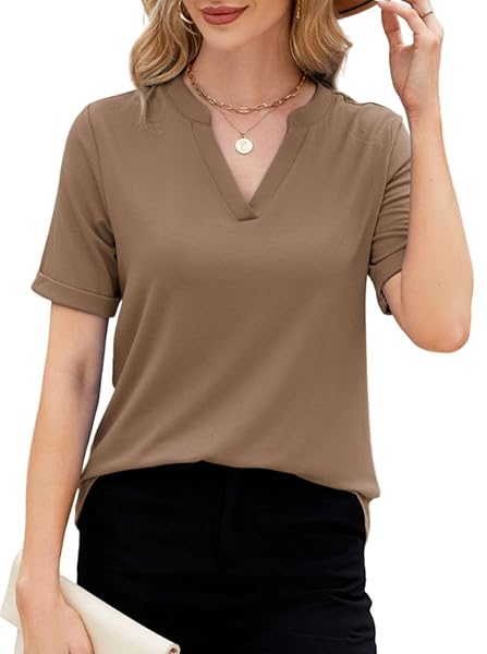 ZANZEA V NECK T SHIRTS FOR WOMEN DRESSY SHORT SLEEVE TUNIC TOPS BUSINESS CASUAL OUTFITS BASIC TOPBROWN MEDIUM