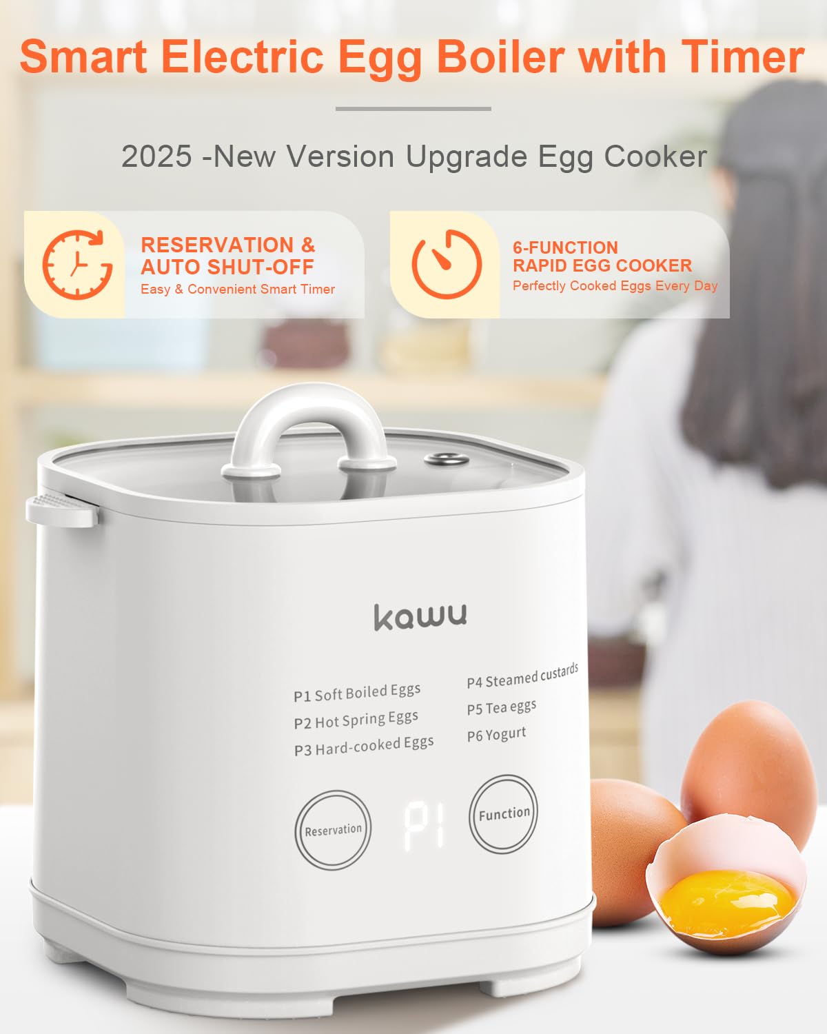 Kawu 6-Function Egg Cooker for Hard Boiled Eggs, Egg Boiler with Timer, Egg Cooker for Soft Boiled Egg, Electric Egg Boiler with Auto Shut Off &Alarm, W/Bowl&Rack