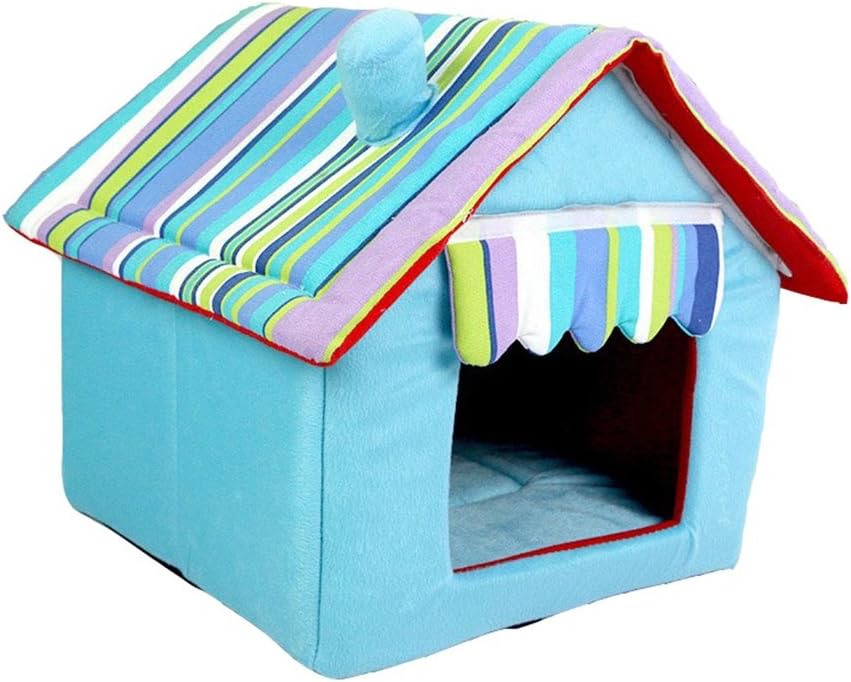 WOWOWMEOWPet Foldable Stripe Cat Dog House Bed Cozy Plush Pet Cave Bed for Puppies, Cats and Small Animals (XL, Blue)