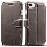 iPhone 7 Plus Case, Pasonomi iPhone 7 Plus Leather Wallet Case - [Slim Fit] Vintage Flip Case Cover with Stand Function & Credit Card Slots for iPhone 7 Plus (Grey)