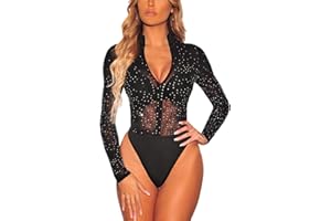 SEBOWEL Women Long Sleeves Mesh See Through Jumpsuit Bodysuit Top Leotard