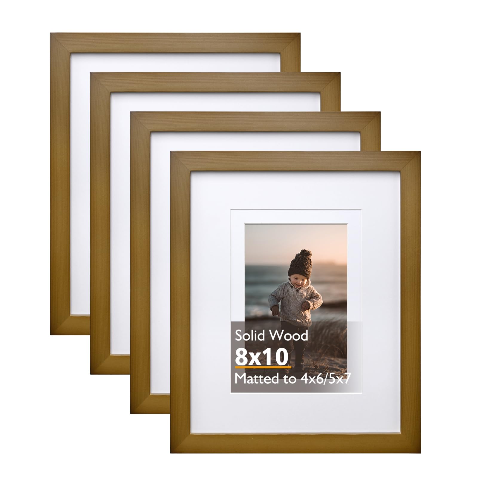 KINLINK 10x8 Picture Frames Brown, Wood Frames with Acrylic Plexiglass for Pictures 7x5/8x6 with Mat or 10x8 without Mat, Tabletop and Wall Mounting Display, Set of 4