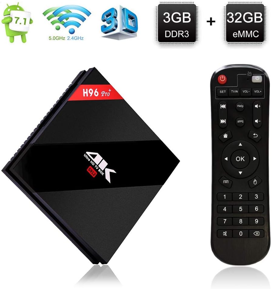 Android TV Box, H96 Pro Plus Android 7.1 TV Box Built in 3GB RAM/32GB ROM Amlogic 64 Bits CPU,4K Ultra HD Mini PC,Smart Set Top Box Support 3D H.265 Dual WiFi 2.4GHz/5GHz LAN 1000M Bluetooth 4.1