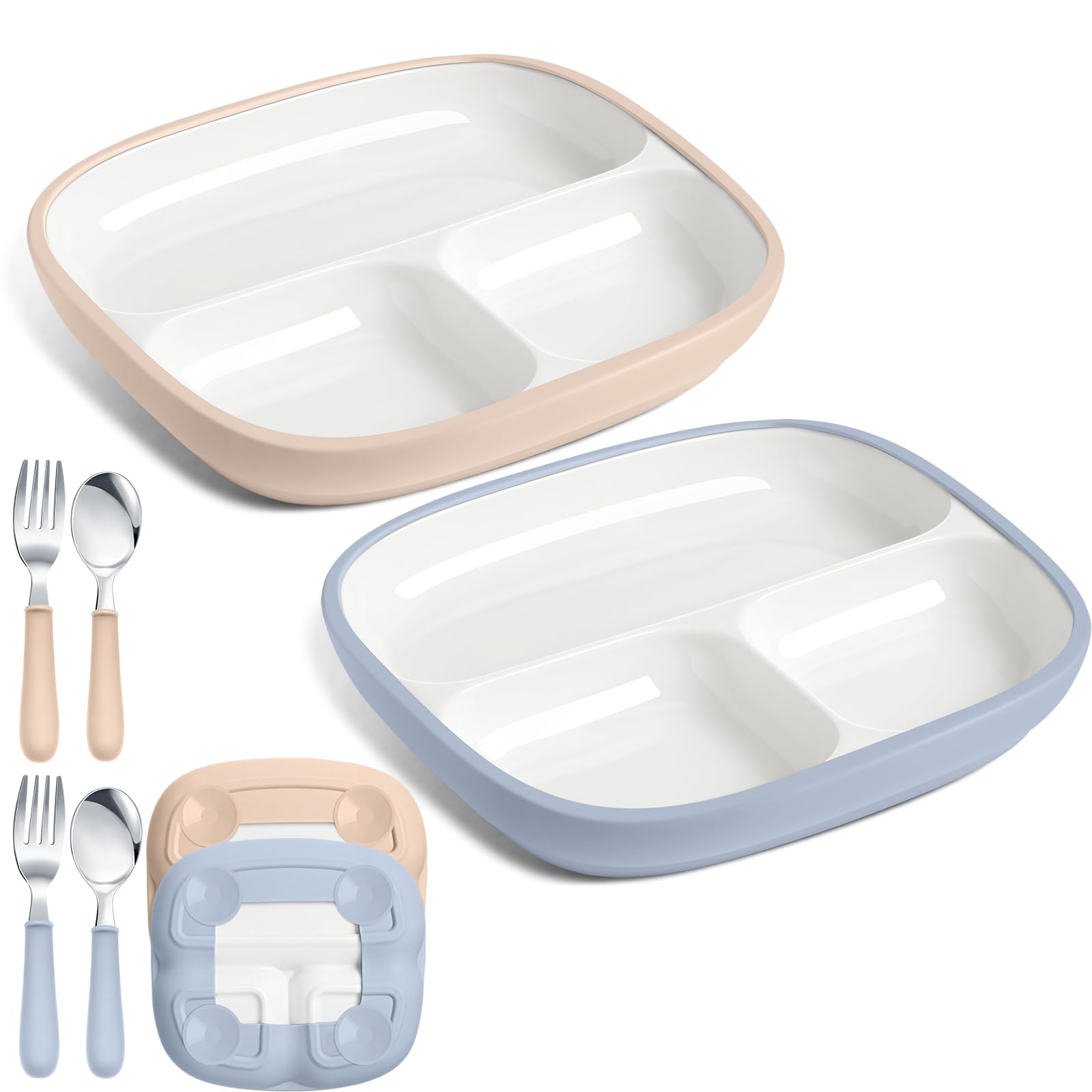 Photo 1 of Teenyyou 2 Pcs 8.2" Large Kids Porcelain Plates with Silicone Sleeves Toddlers Divided Plates Extra Deep White Porcelain Dishes 2 Pack Spoons and Forks Set Microwave Dishwasher Friendly(Blue,Beige)