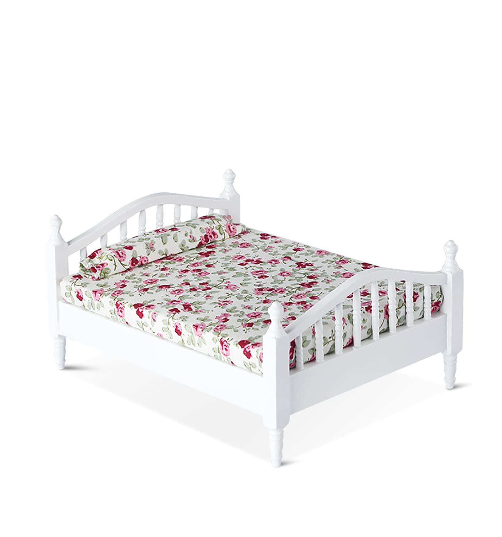 WANGCL Dolls Cot 1/12 Miniature Double Bed Wooden Dolls House Furniture - Flower Pattern