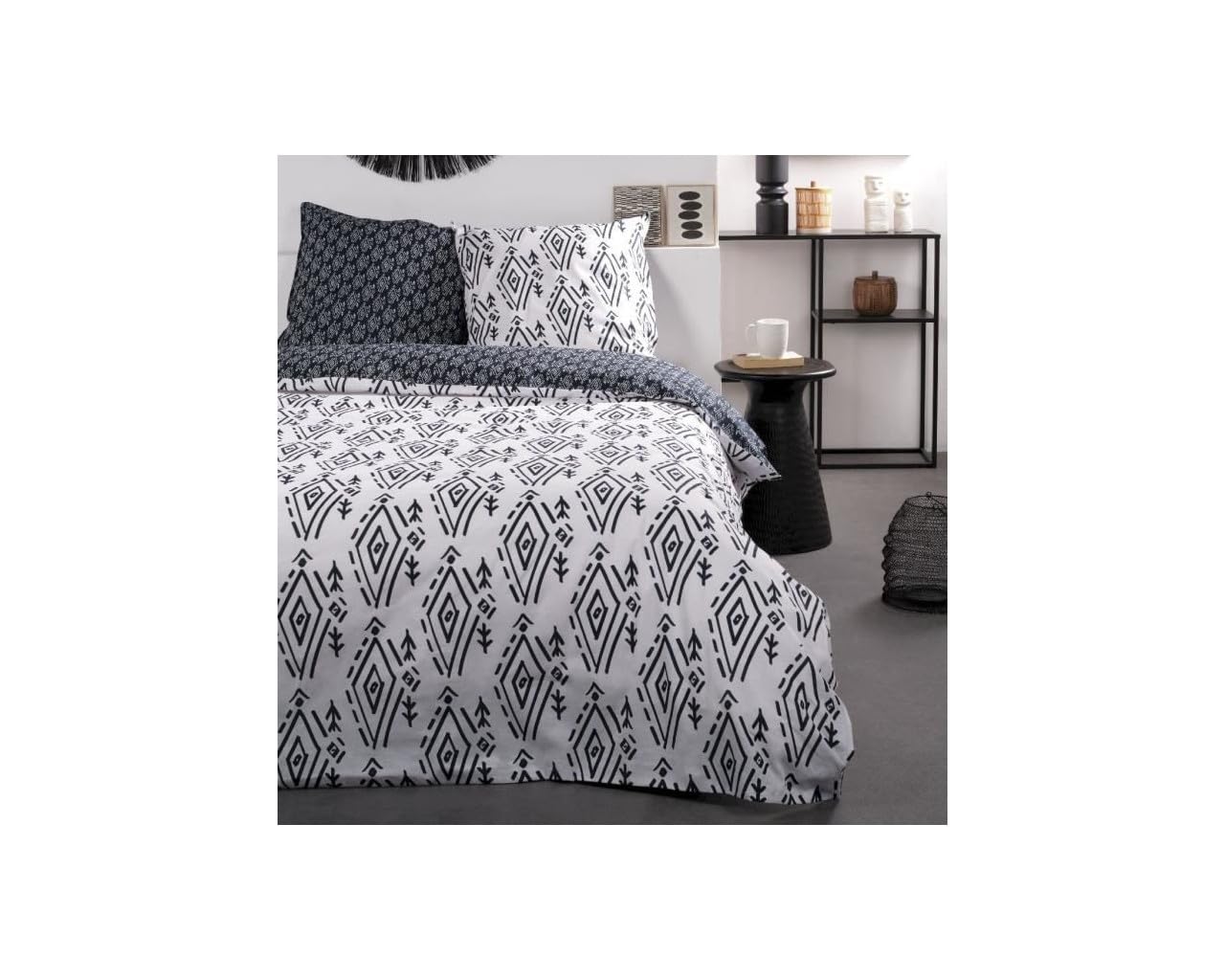 TODAY Sunshine Reversible Cotton Duvet Cover Set with Ethnic Motifs – White/Black – 240 x 260 cm