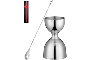 JOYONE Measuring Jigger & Mixing Spoon Set, Silver Stainless Steel Bar Tool Set, Cocktail Jigger with 1oz & 2oz Marks, Cockta