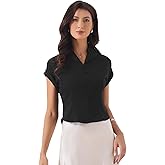 Allegra K Dressy Top for Women's Lapel Collar Office Cap Sleeve Button Lightweight Work Blouse