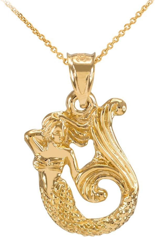 Textured 10k Yellow Gold Fairytale Mermaid Pendant Necklace