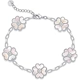 PAVOI 14K Gold Plated Clover Bracelets for Women - Flower Four Leaf Clover Bracelet - Mother of Pearl & Onyx Gemstone Lucky Flower Design - Adjustable Trendy Jewelry Gifts