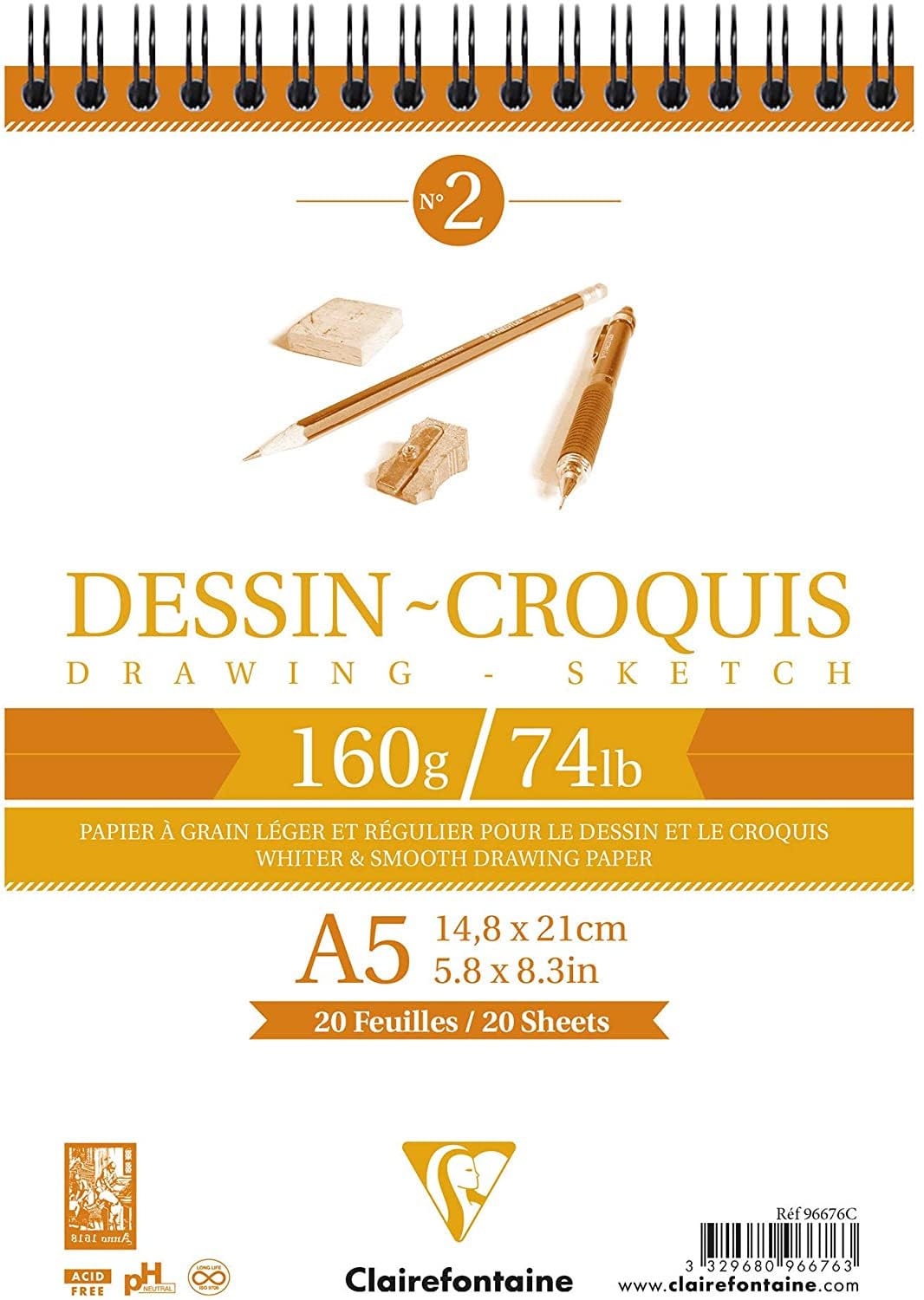 Clairefontaine - Ref 96676C - Wirebound White Drawing Sketch Pad (35 Sheets) - A5 Sized, 160gsm Paper, White & Smooth Drawing Paper, Acid Free, pH Neutral