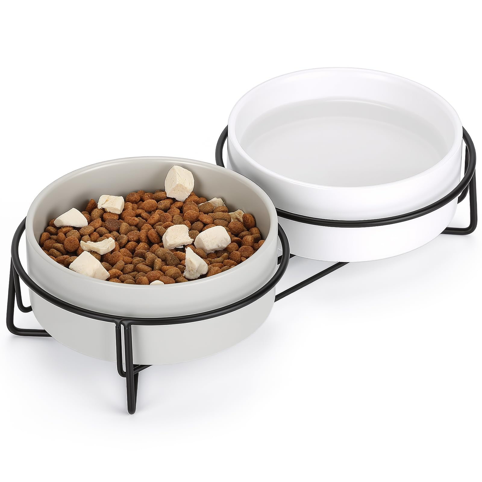 PETTOM Raised Cat Bowls Ceramic Double Cat Food and Water Bowl Set with Steel Stands for Cats and Small Dogs - Anti Vomiting, Spine Protection