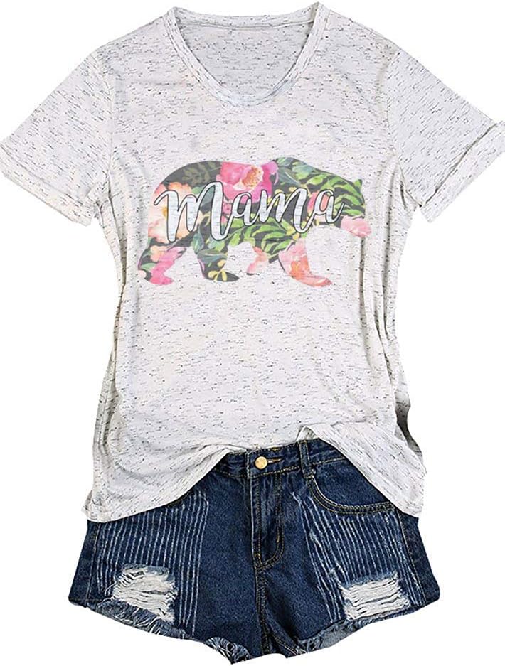 Women's Mama Bear Floral Printed Short Sleeve V-Neck Casual T-Shirt Blouse