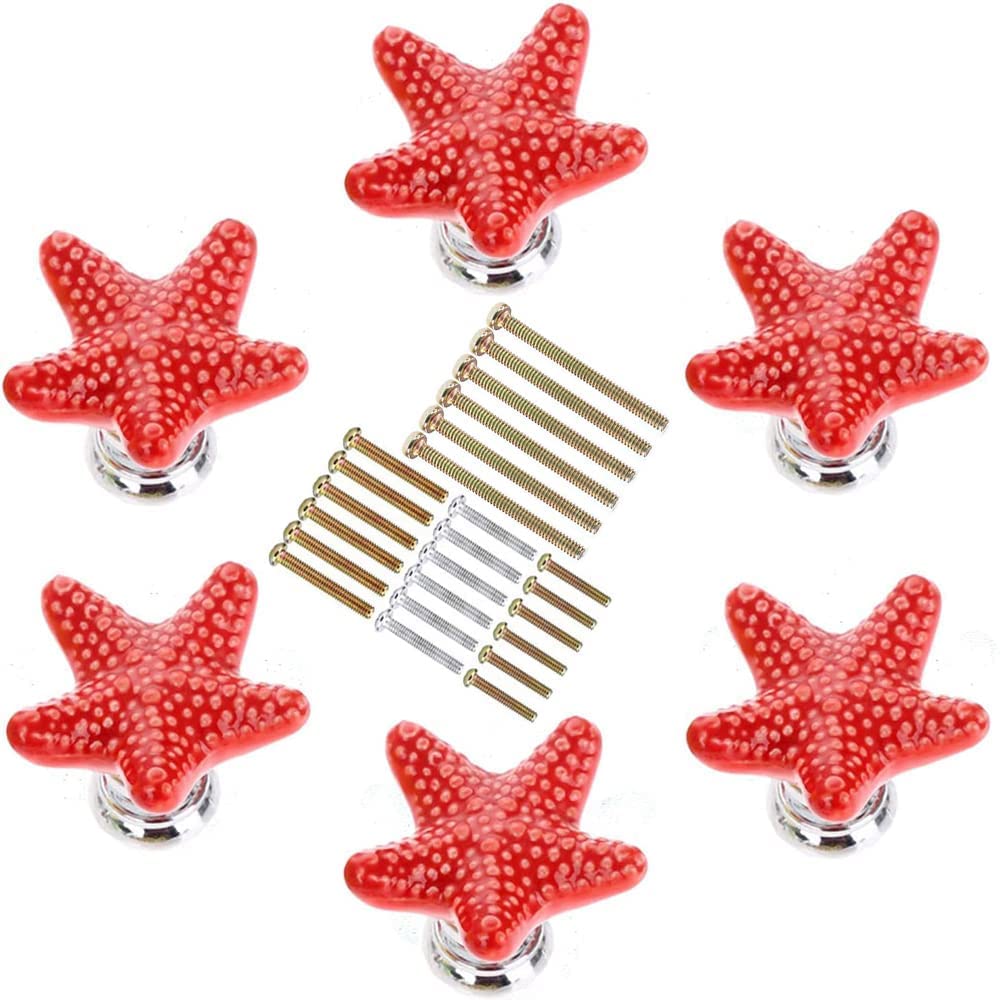 MayGreeny 6Pcs Ceramic Kitchen Cabinet Knobs with 4 Sizes Screws, Starfish Shape Drawer Handles, Cupboard Door Knobs for Dresser Drawers and Kitchen, Bathroom Cabinet, Office (Red) โ image 1