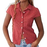 Women Short Sleeve Button Down Shirt Y2K Plaid V Neck Slim Fit Cropped Blouse Vintage Coquette Going Out Tops